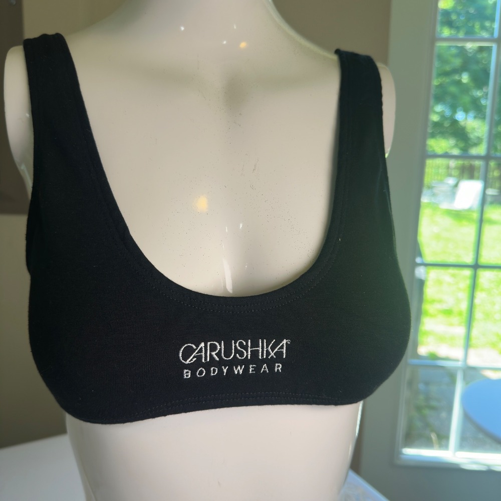 Carushka Bodywear Sports Bra Vintage 90s Black Cotton Lycra Logo S Made in USA
